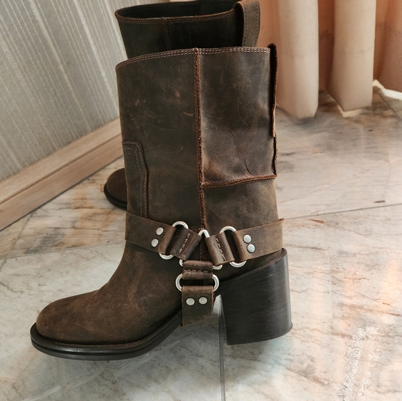 ZARA New Wide Heeled Buckle Biker Boots Leather Suede 7.5 - Picture 4 of 9